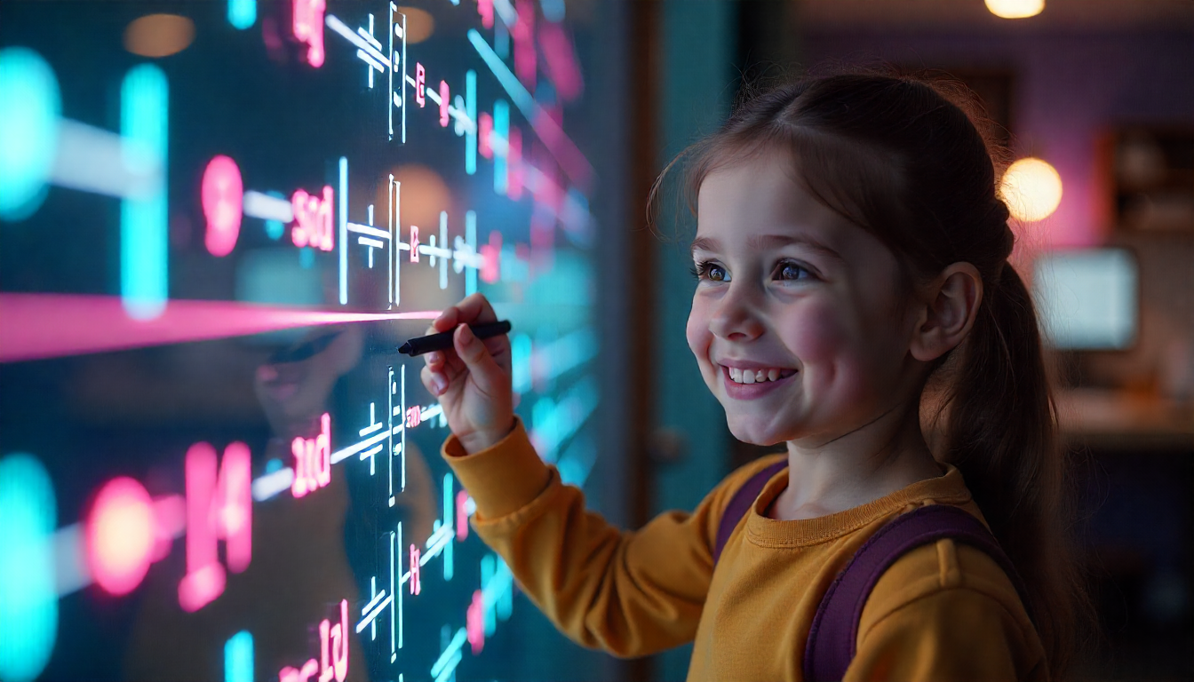 Kid engaged with mathematical learning tools and a bright background