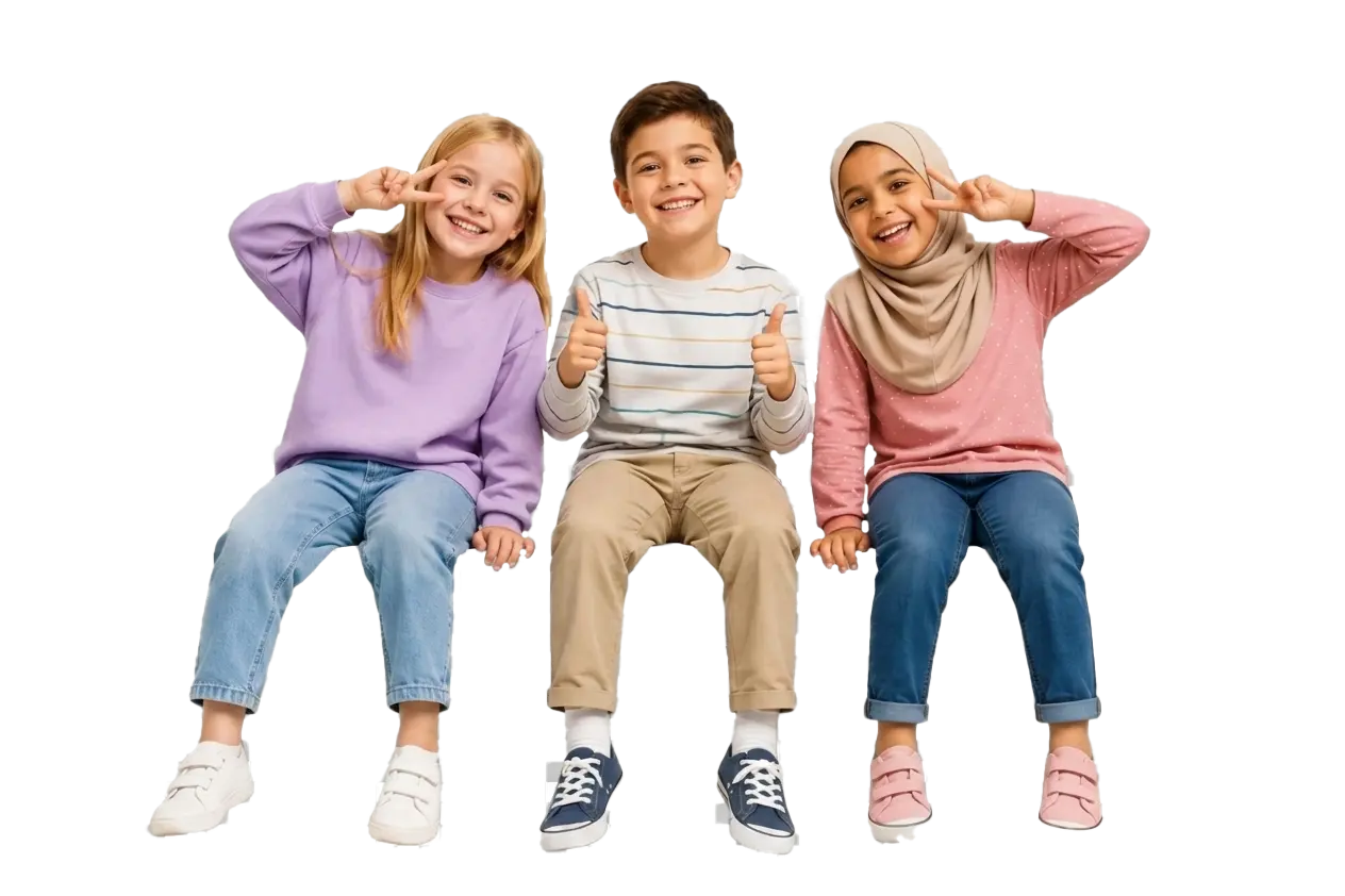 Three happy, diverse children giving peace signs and thumbs up, representing Oratrics' global community of confident young learners
