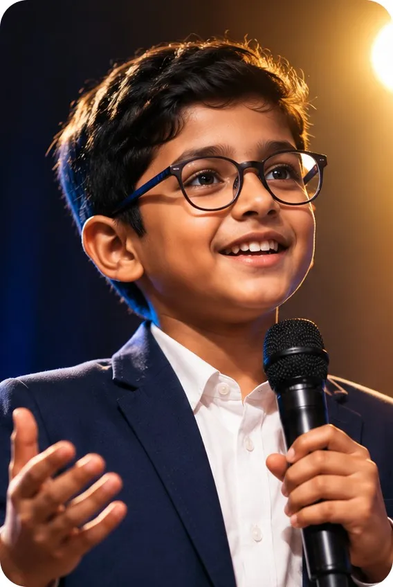Confident young boy in glasses and blazer speaking into a microphone on stage, showcasing public speaking skills from Oratrics