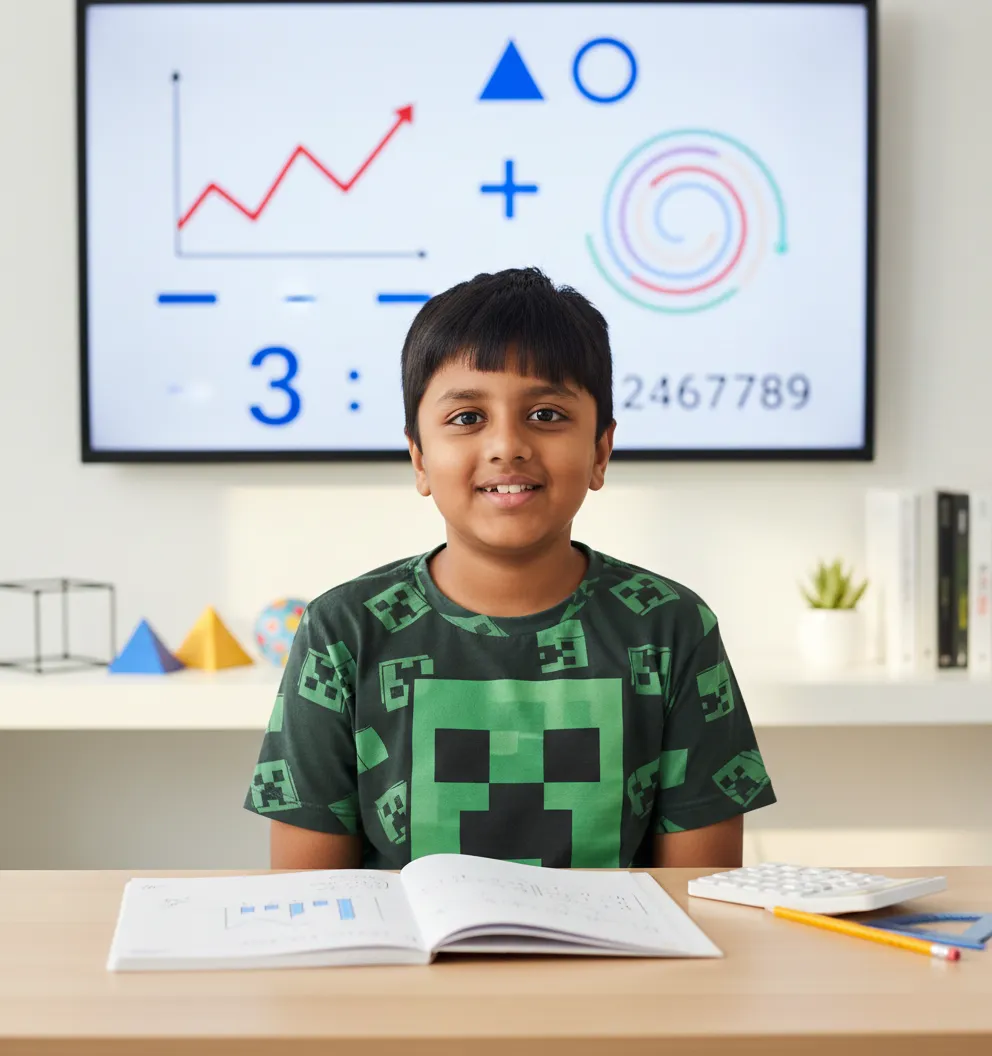 Moksheth from the USA smiling during an online class, with a math growth chart and shapes displayed on screen behind him