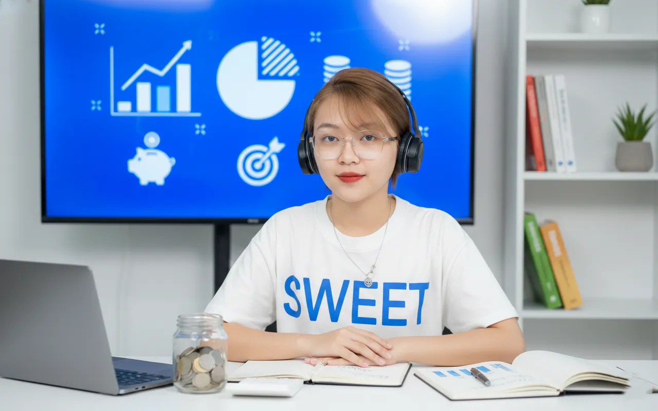 Student Adaline from the UK wearing headphones during a live online class, with financial charts and icons on screen behind her