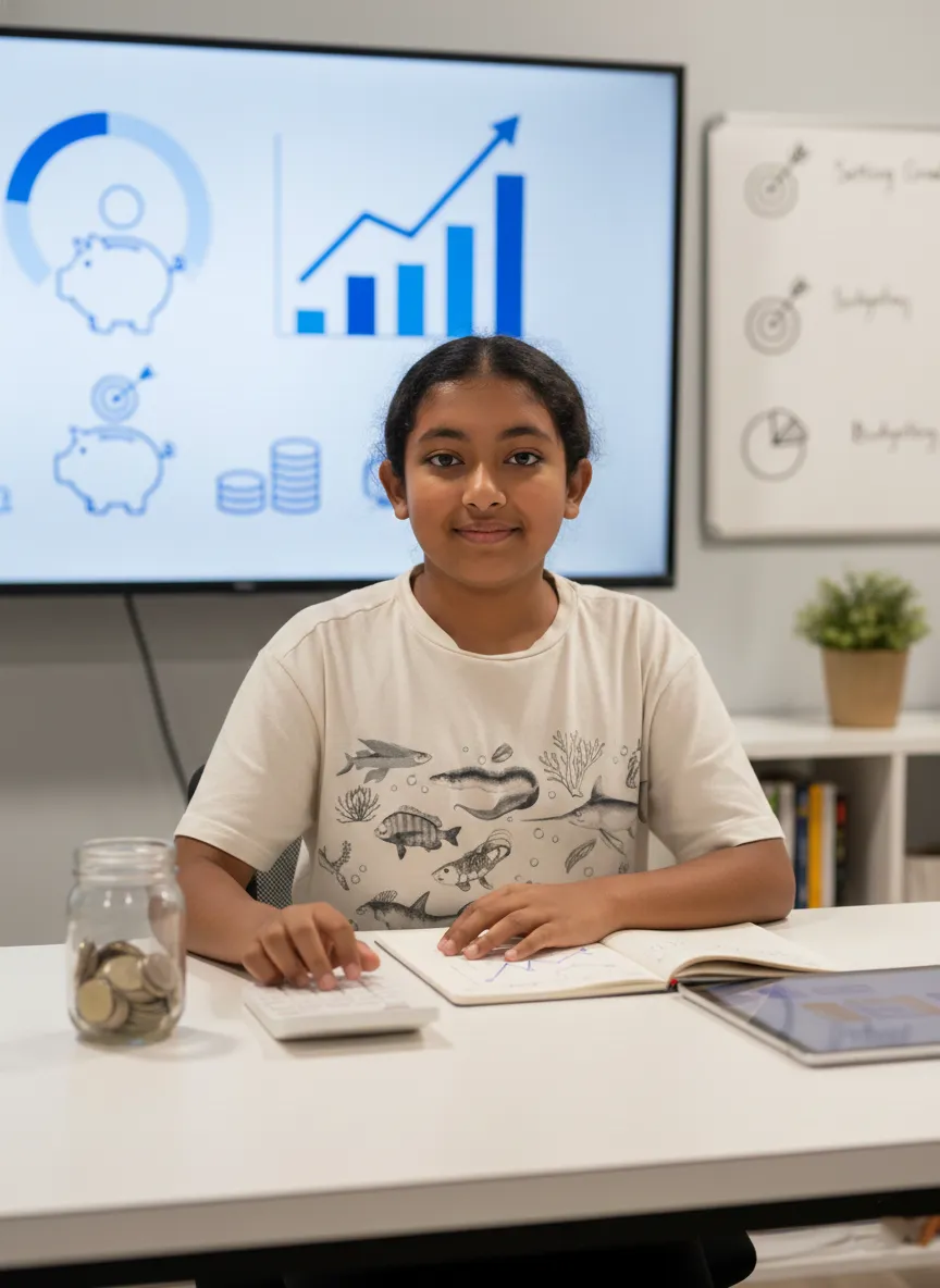 Riya from India using a calculator during an online class, with savings and growth charts displayed on screen, a coin jar beside her