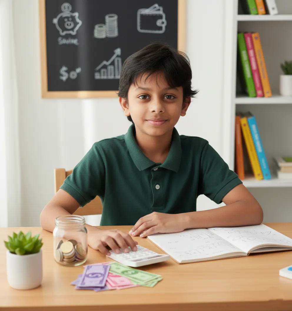 Student Satyam from Saudi Arabia counting money at a desk during an online class, with savings and finance icons drawn on a chalkboard behind him