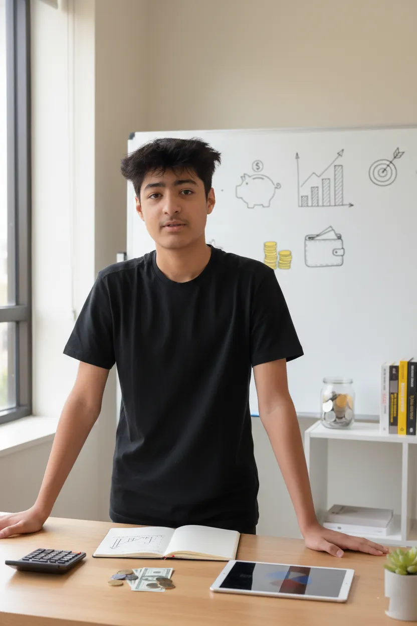 Student Shiveer from Argentina standing confidently at his desk during an online class, with savings and finance icons on a whiteboard behind him