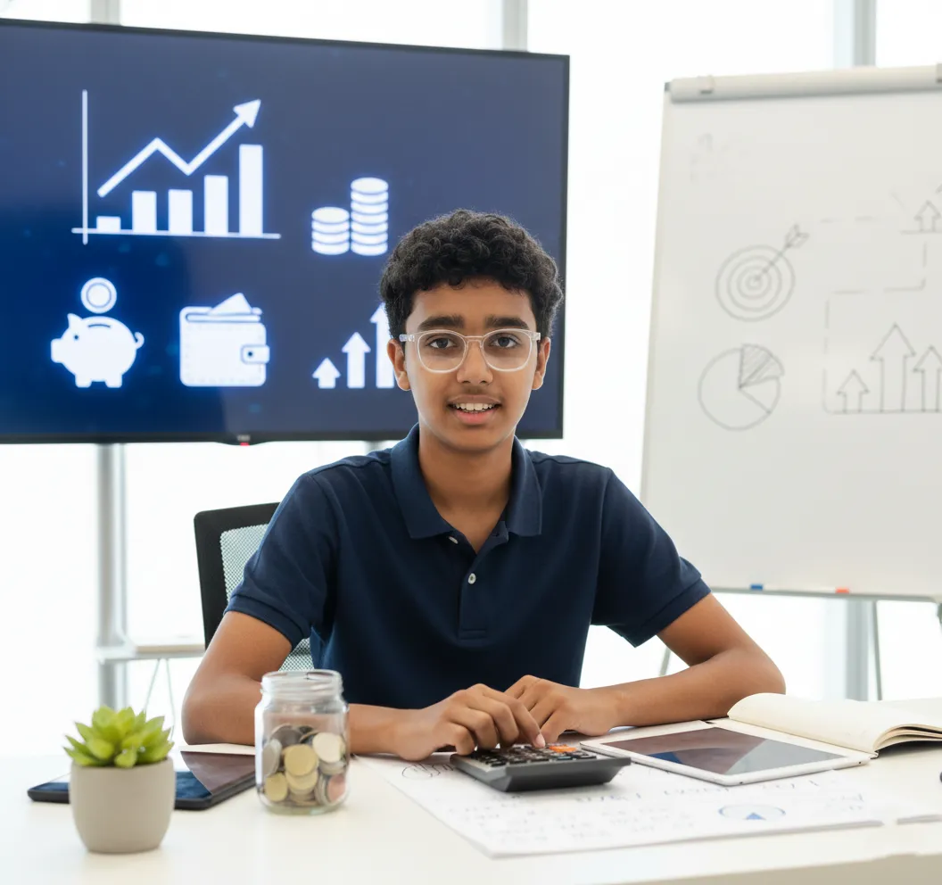 Student Satvir from the USA using a calculator during an online class, with growth charts and finance icons displayed on screen behind him