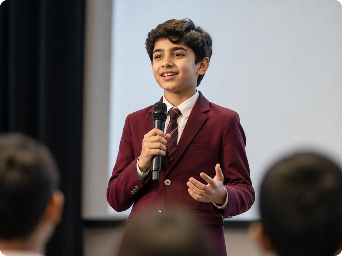 Confident boy speaking into a microphone with self-belief after completing Oratrics' best confidence building course