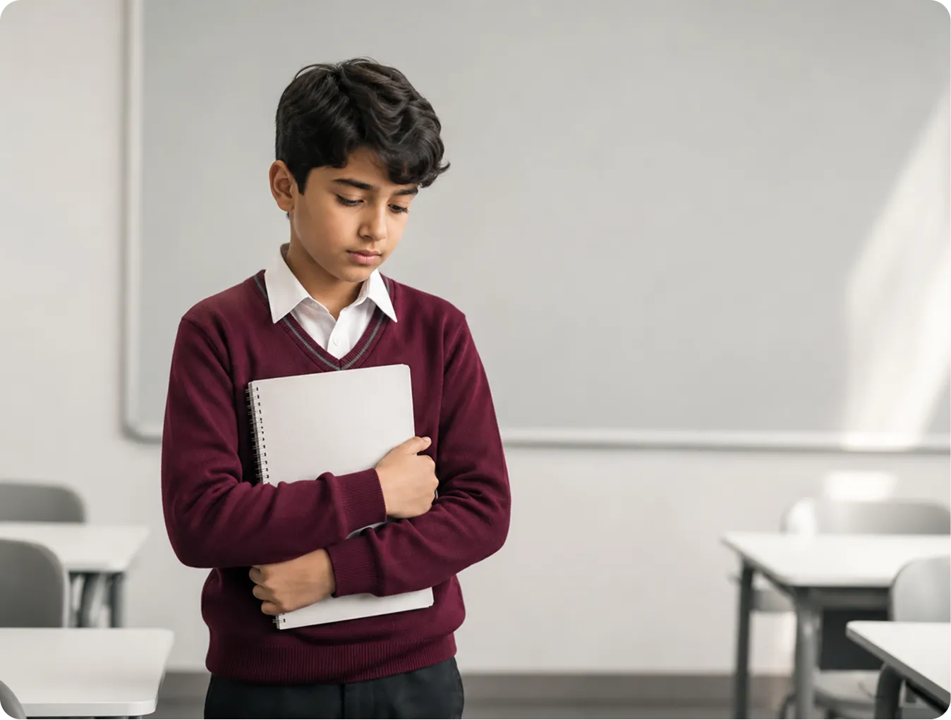 Boy showing self-doubt and low confidence, holding notes close before joining a confidence building course