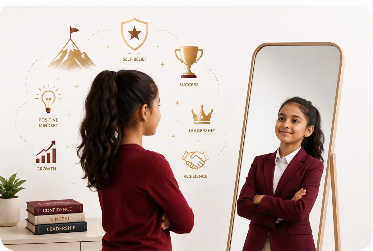 Confident child in school uniform with illustrated strong arms and graduation cap, promoting confidence building for kids.