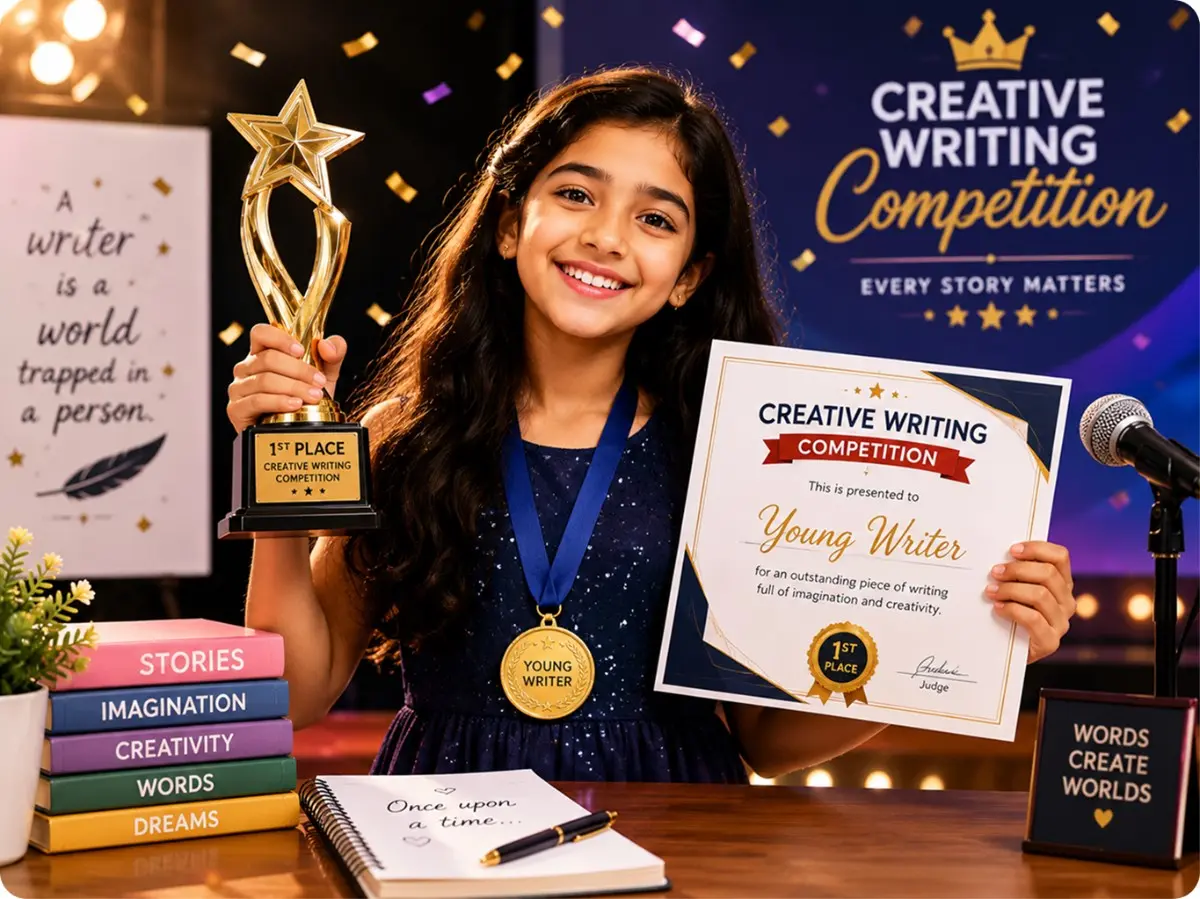 Confident girl holding a trophy and certificate after winning a creative writing competition through Oratrics' best creative writing course