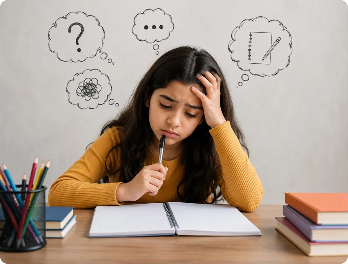 Girl struggling to organize ideas and write confidently, before joining a creative writing course