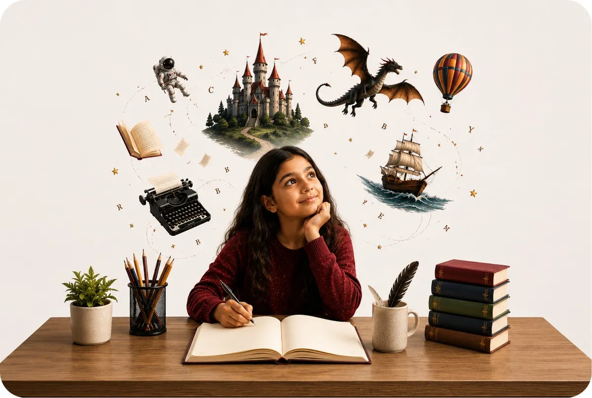 Girl imagining fantasy worlds like castles, dragons, and pirate ships while writing in Oratrics' best creative writing course.
