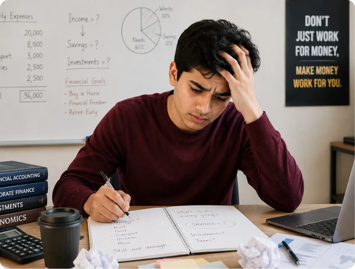 Frustrated student overwhelmed by responsibilities, lacking confidence and initiative