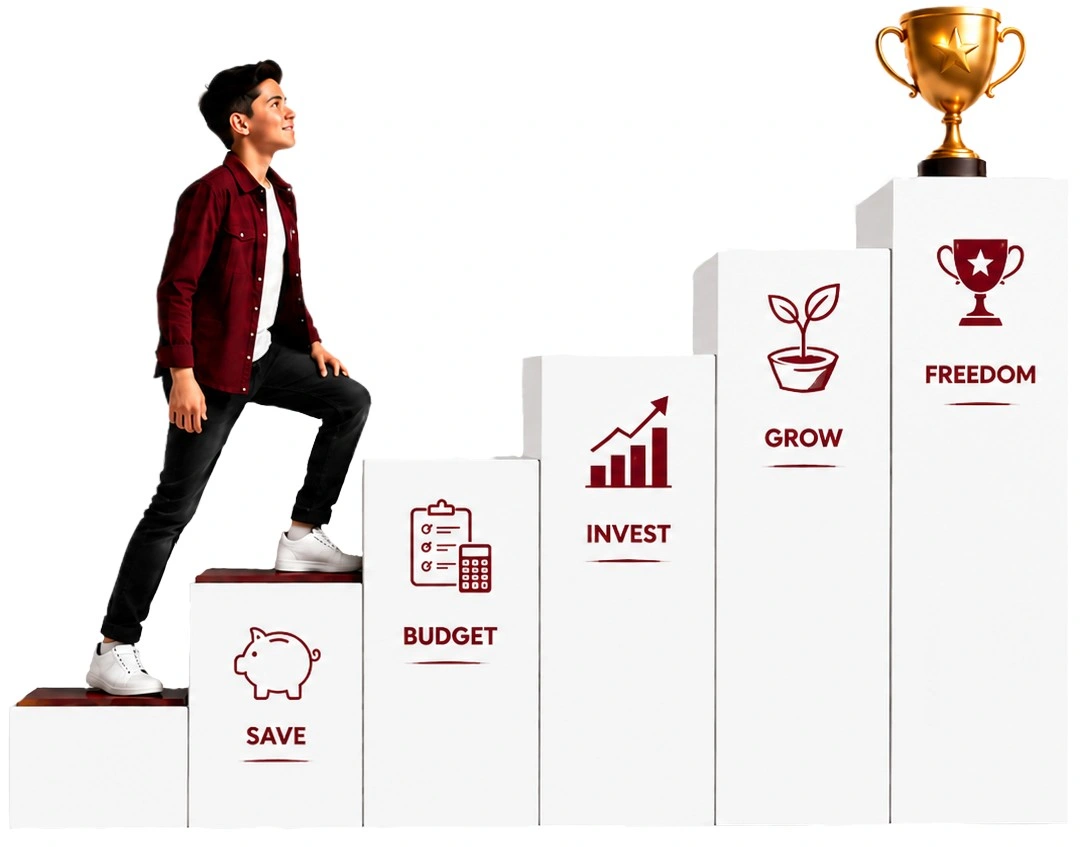 Student climbing steps from Save to Freedom — financial literacy with Oratrics