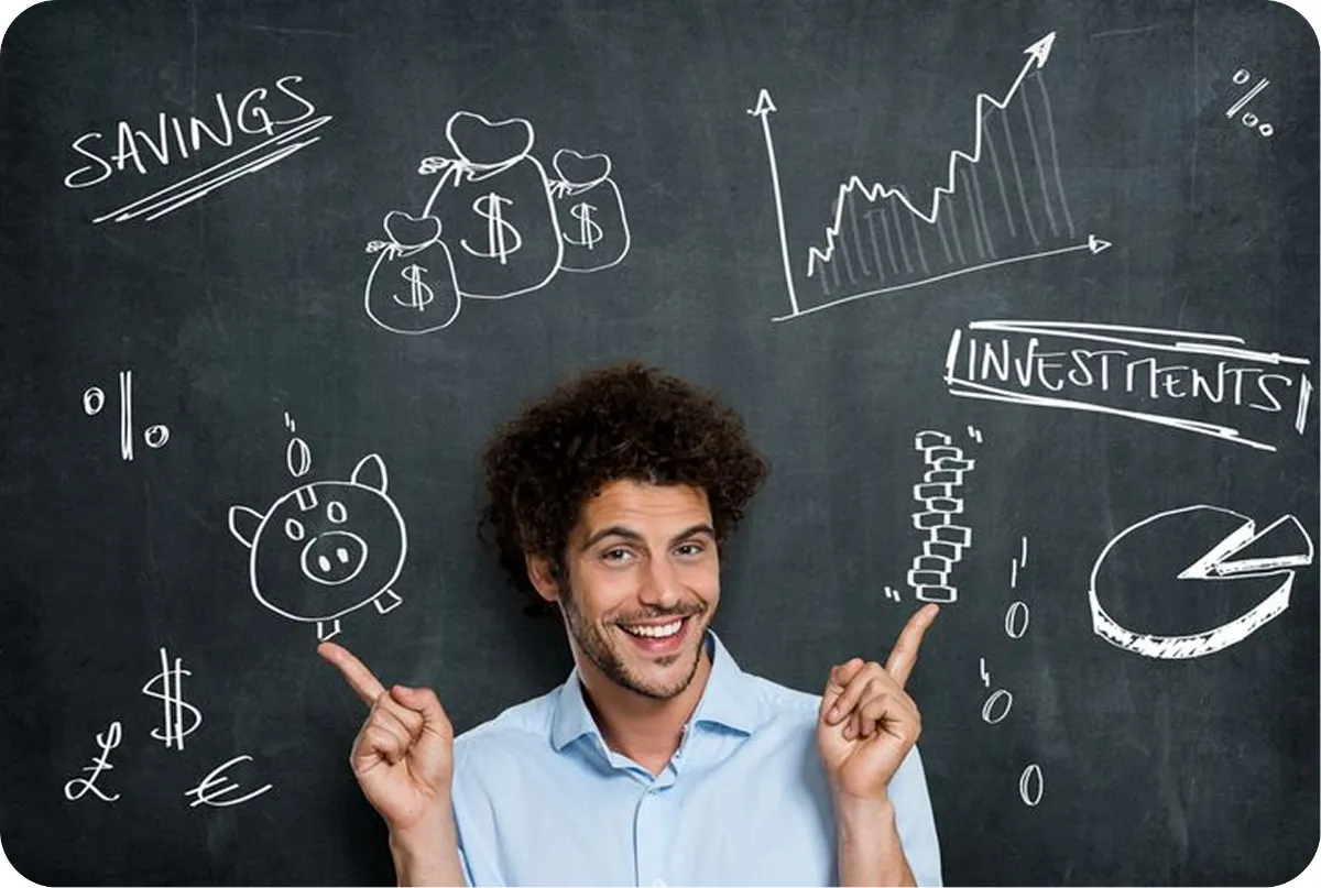 Young man pointing to chalkboard drawings of savings and investments though this financial imagery doesn't match the leadership course keyword