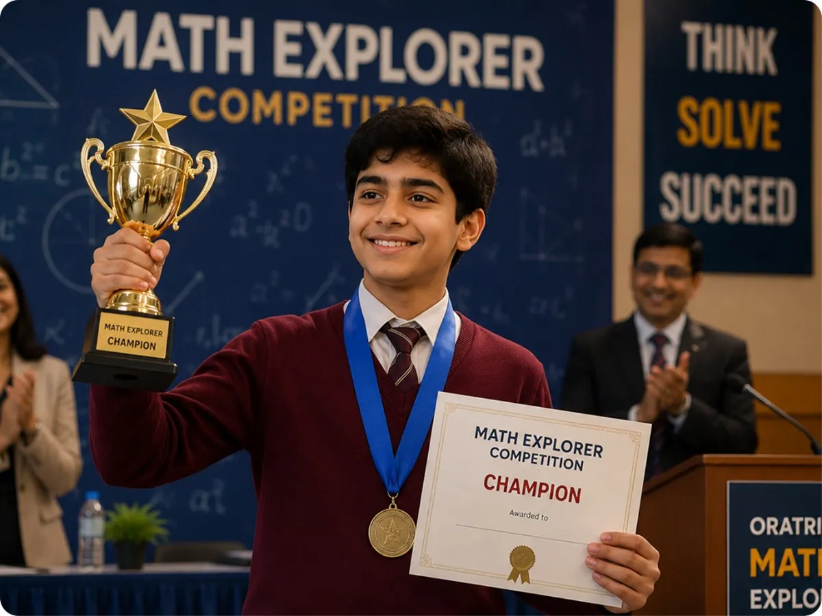 Confident student holding a trophy after winning the Math Explorer Competition through online math classes for kids
