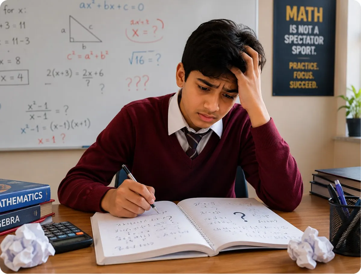 Frustrated student struggling with math problems and weak conceptual understanding at a desk