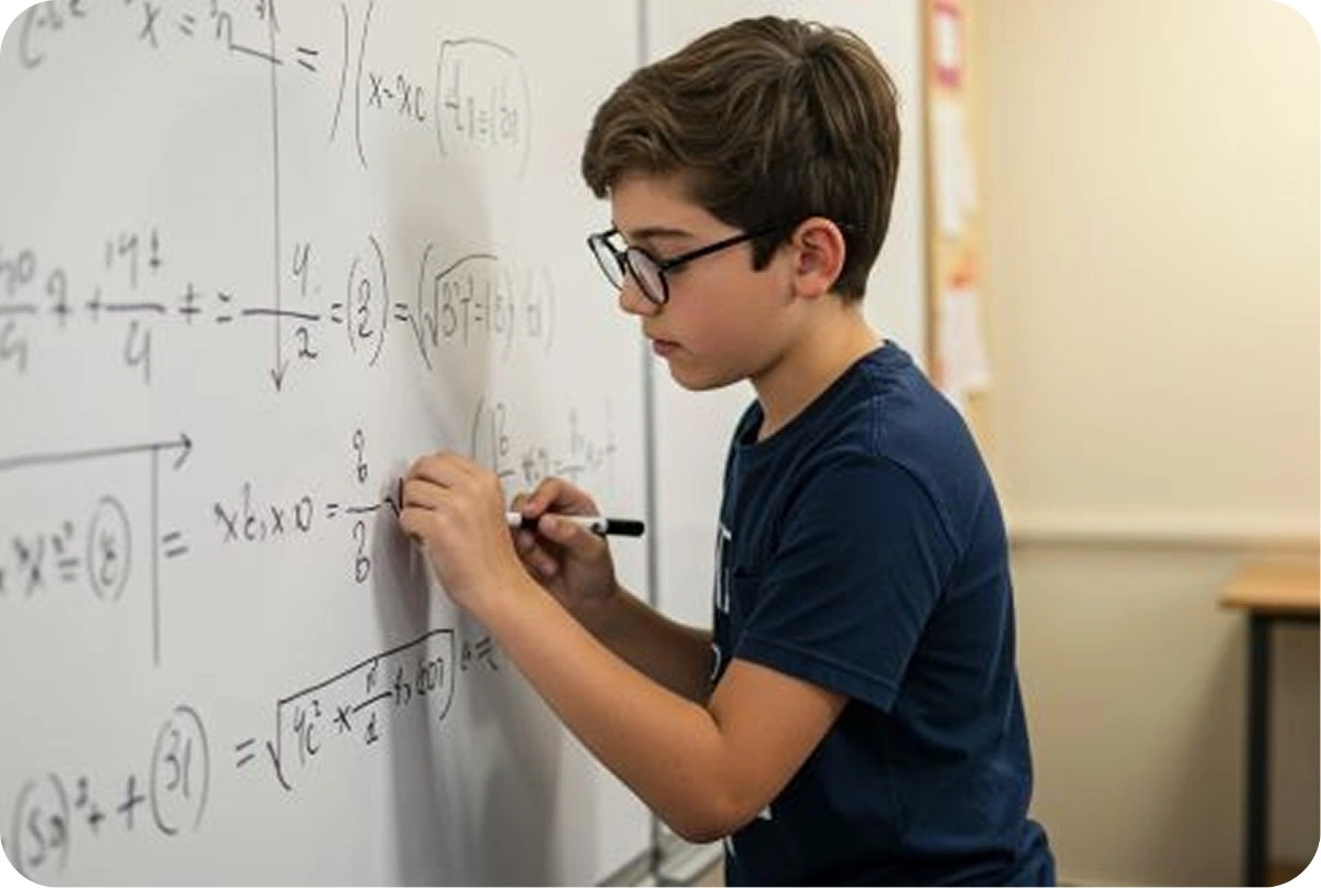 Focused boy solving math equations on a whiteboard, demonstrating problem-solving skills built through online math classes for kids