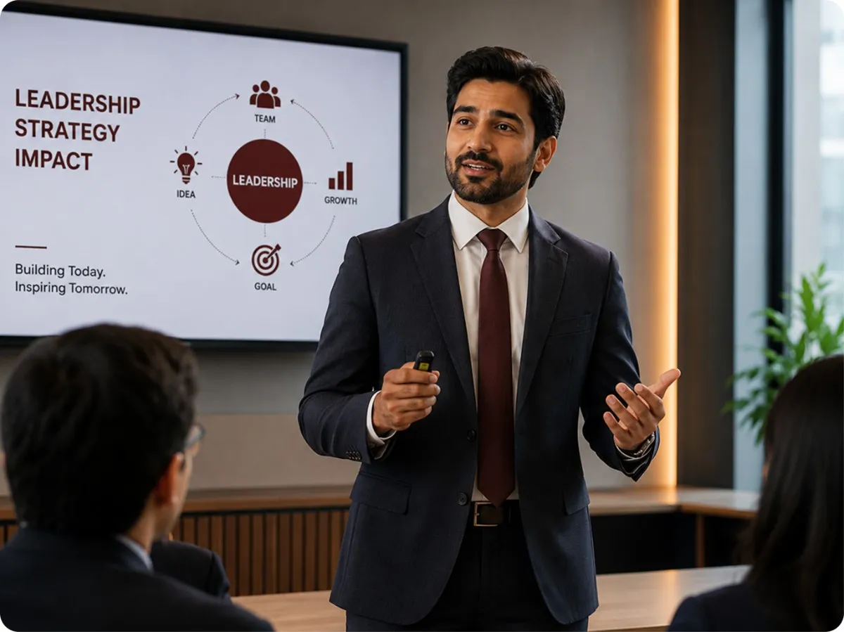 Confident executive delivering a leadership and strategy presentation after completing Oratrics' best corporate training program