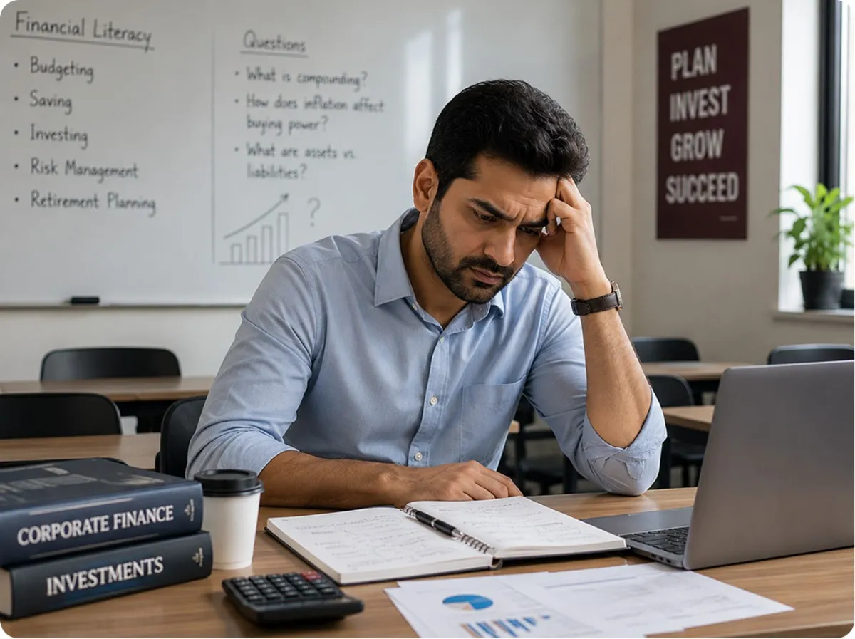 Stressed professional overwhelmed by financial data and paperwork, lacking leadership and executive presence skills