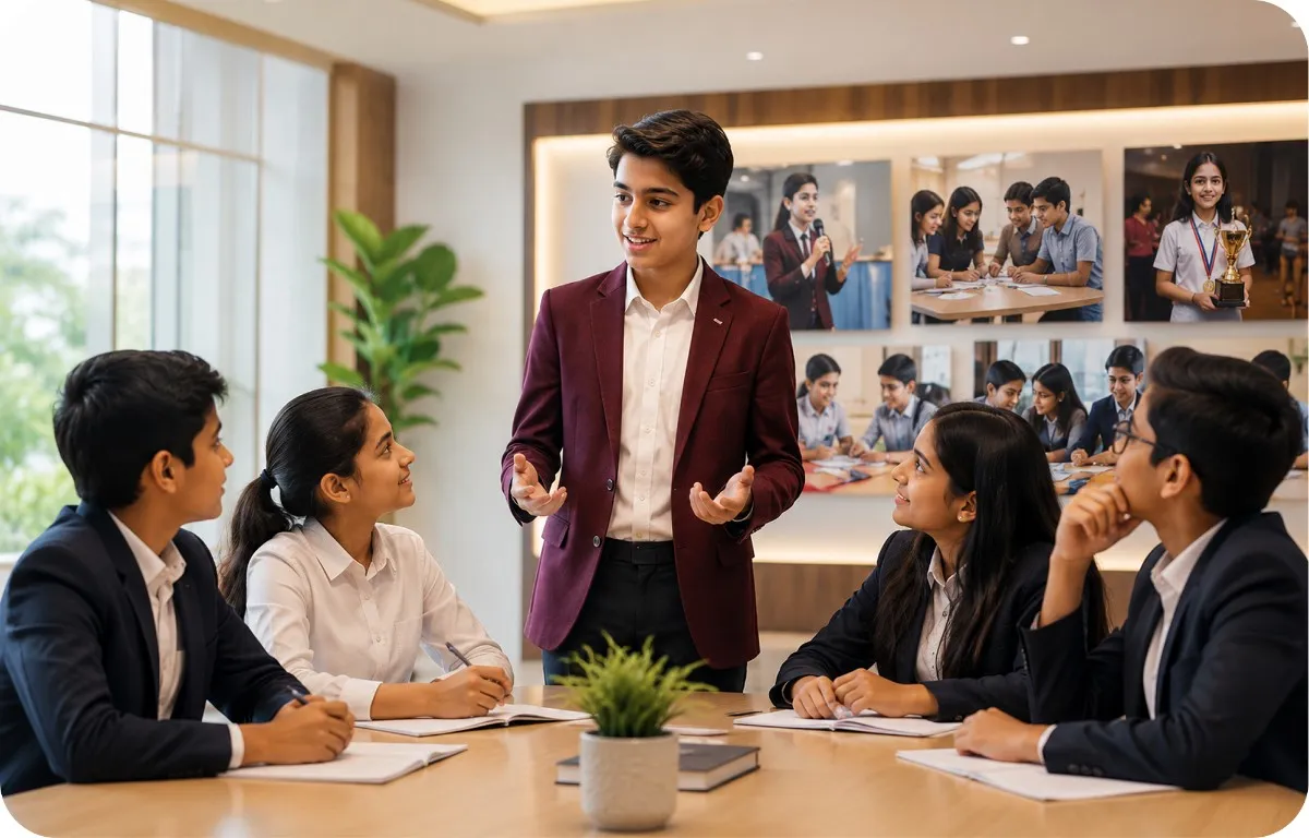 Confident teenage boy in a blazer leading a group discussion with fellow students during a personality development course.
