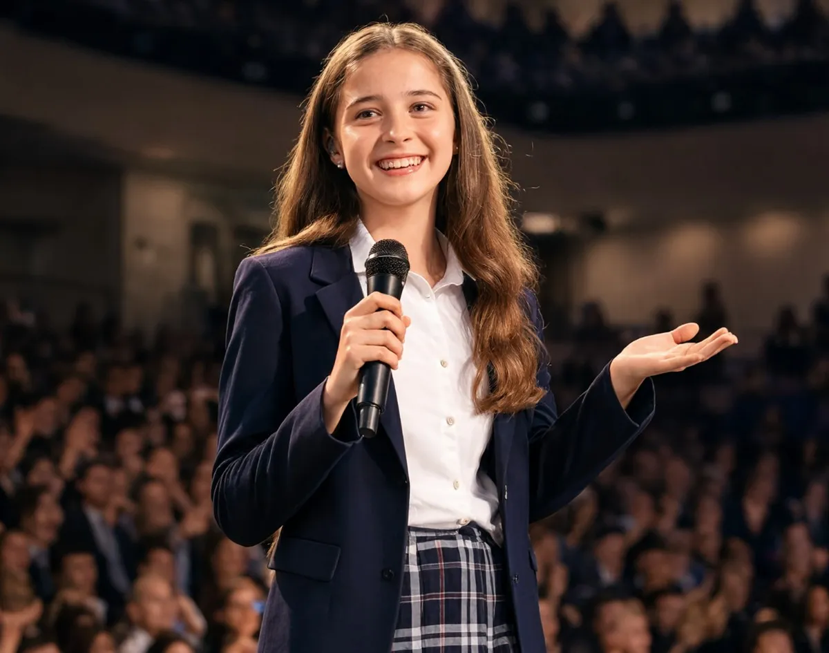 Confident girl speaking on stage with a microphone after completing Oratrics' best public speaking course