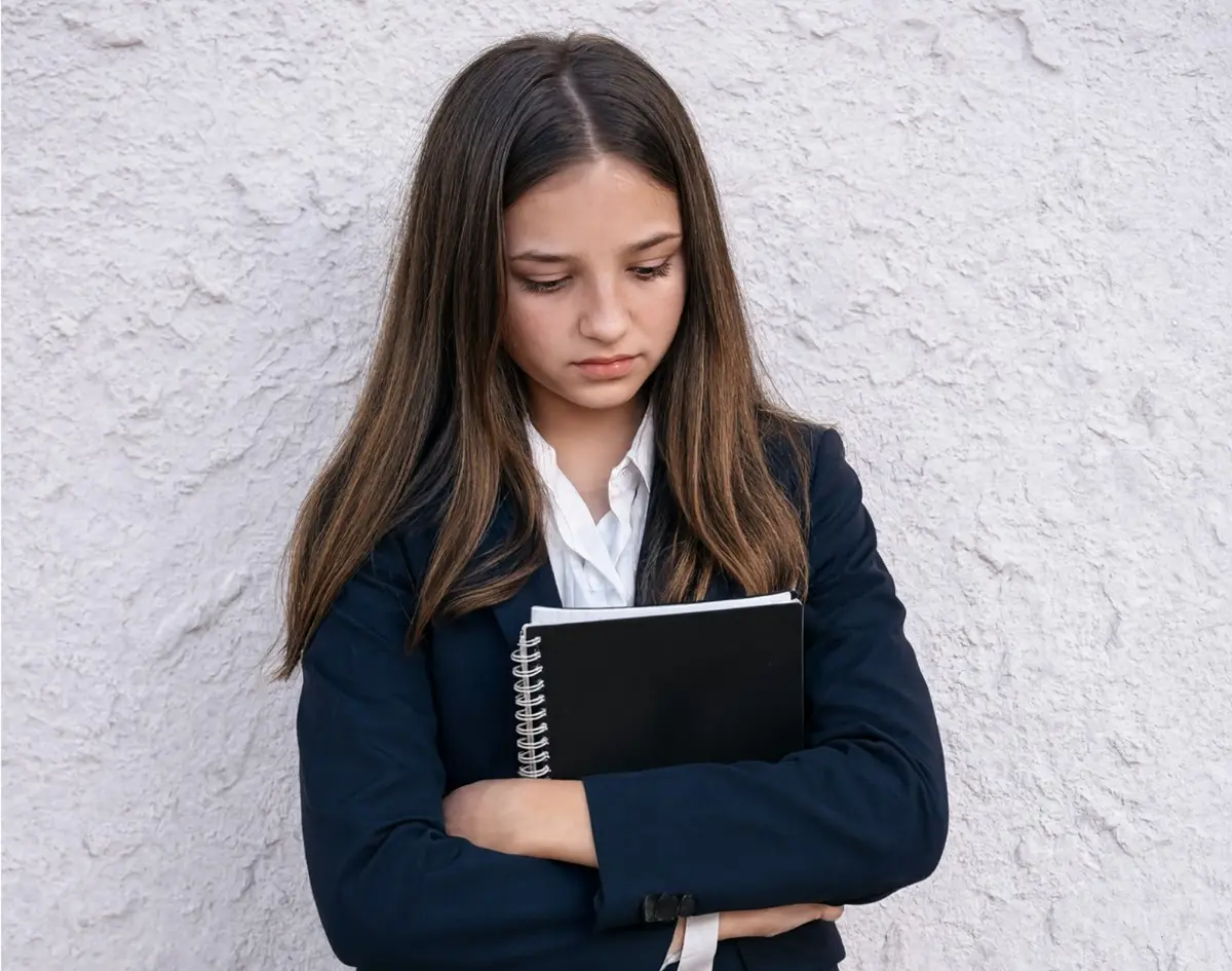 Girl showing low confidence and avoiding eye contact before joining a public speaking course